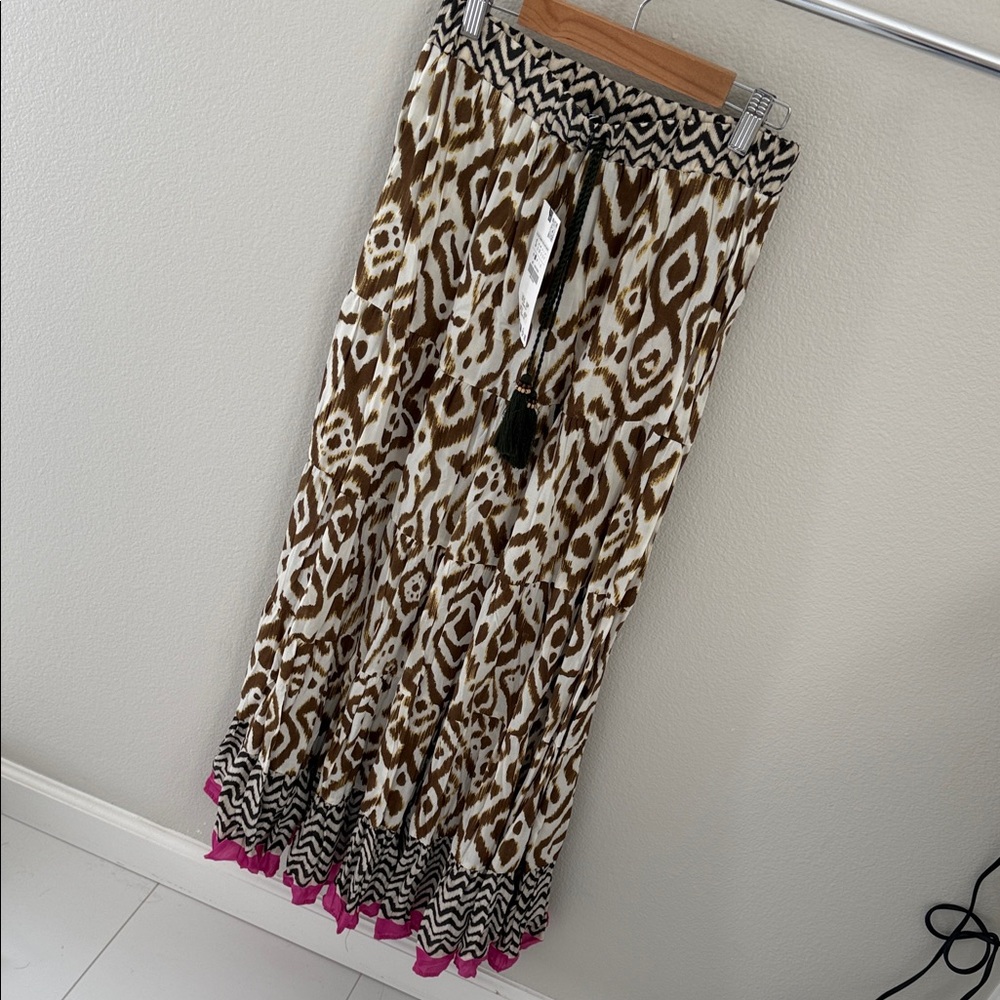 Zara Brown and White Maxi Skirt with Pink Hem